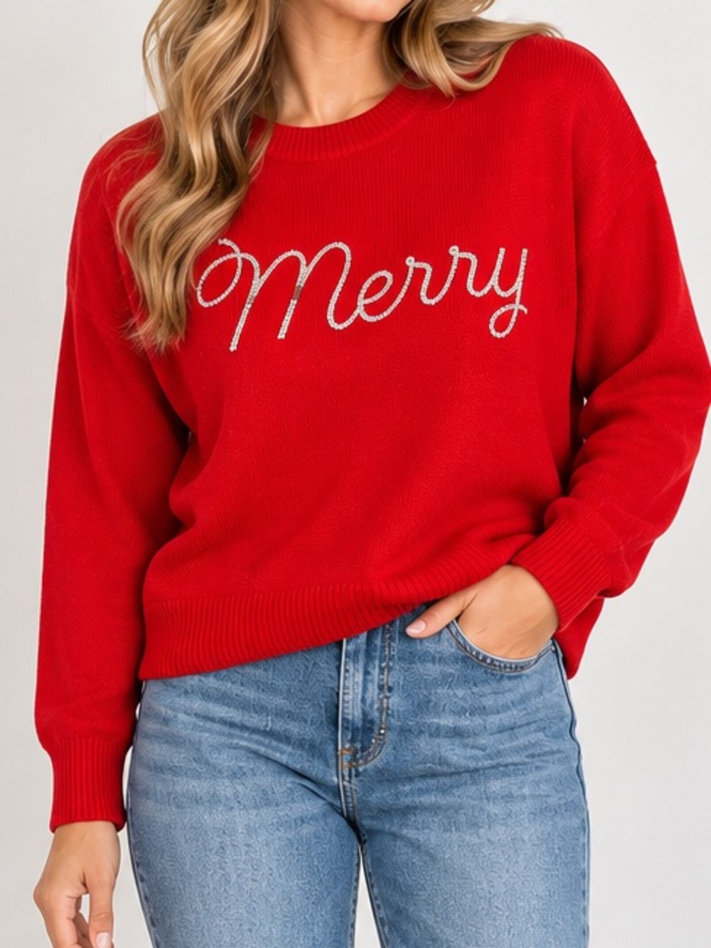 CeCe Merry Rhinestone Christmas Sweater Red Crew Neck Holiday Size Large NWOT